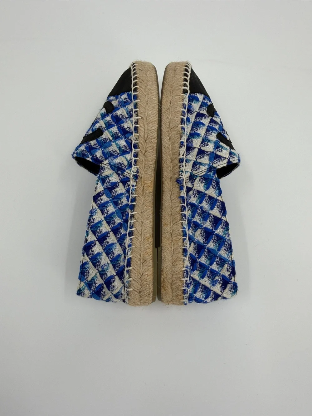 Blue and White Tweed Espadrilles with Black Cap Toe